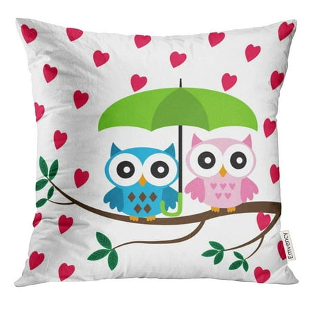 ARHOME Cute Two Owls Sitting on The Branch with Green Umbrella Under Hearts Rain Birds Pillow Case 20x20 Inches Pillowcase