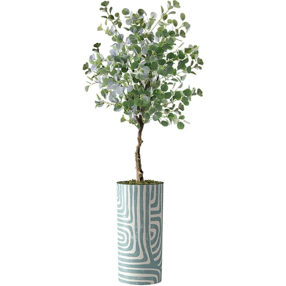 Artificial Tree in Geometric Pattern Planter, Fake Eucalyptus Silk Tree for Indoor and Outdoor Home Decoration - 66" Overall Tall (Plant Pot Plus Tree)