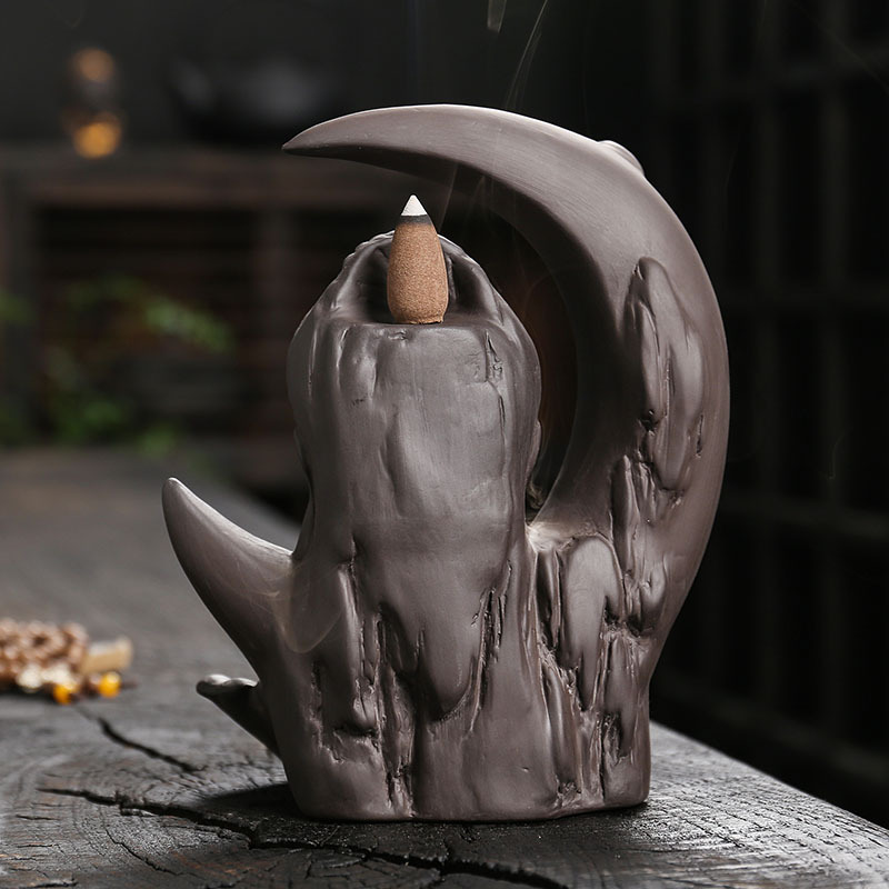 Buddha Incense Burner Backflow - Zen Ceramic Cone Incense Waterfall Burner, Moon Smoke Fountain Incense Holder with Cones & Tweezer & Fire Mat for Aromatherapy/Yoga/Home/Room/Office Deco