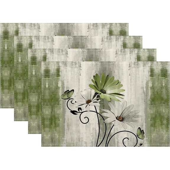 Floral Place mats Set of 4, 12x18 Inches Rustic Sage Green Daisy Flower Decorative Placemats Rectangle Floral Linen Table Mats for Party Home Kitchen,Dining Table Decoration