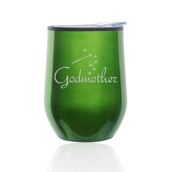 Stemless Wine Tumbler Coffee Travel Mug Glass with Lid Godmother (Green)