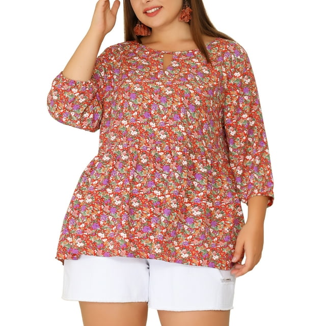 GRACE & GRANDEUR Women's Plus Size Tops Babydoll Keyhole Ruffle 3/4 Sleeve Floral Blouses 3X Red