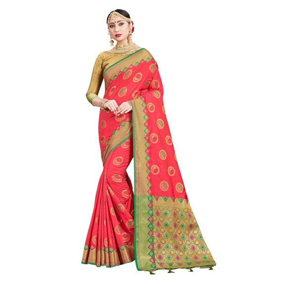 Sarees for Women Banarasi Art Silk Woven Sari - Indian Ethnic Gift Diwali Festival Saree with Unstitched Blouse Peach