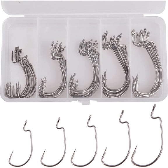 Fishing Hooks Set Bass Worm Hooks, 50pcs Fishing Worm Hooks Offset Hooks High Carbon Steel Wide Gap Bass Hooks for Bass Trout Salmon Freshwater Saltwater