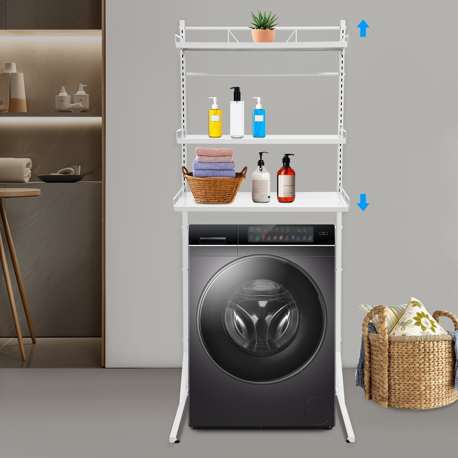 White Steel 68*46.5*88.5-161.5cm Upper 3-Layer Storage Rack For Washing Machine Floor-Standing Storage Rack