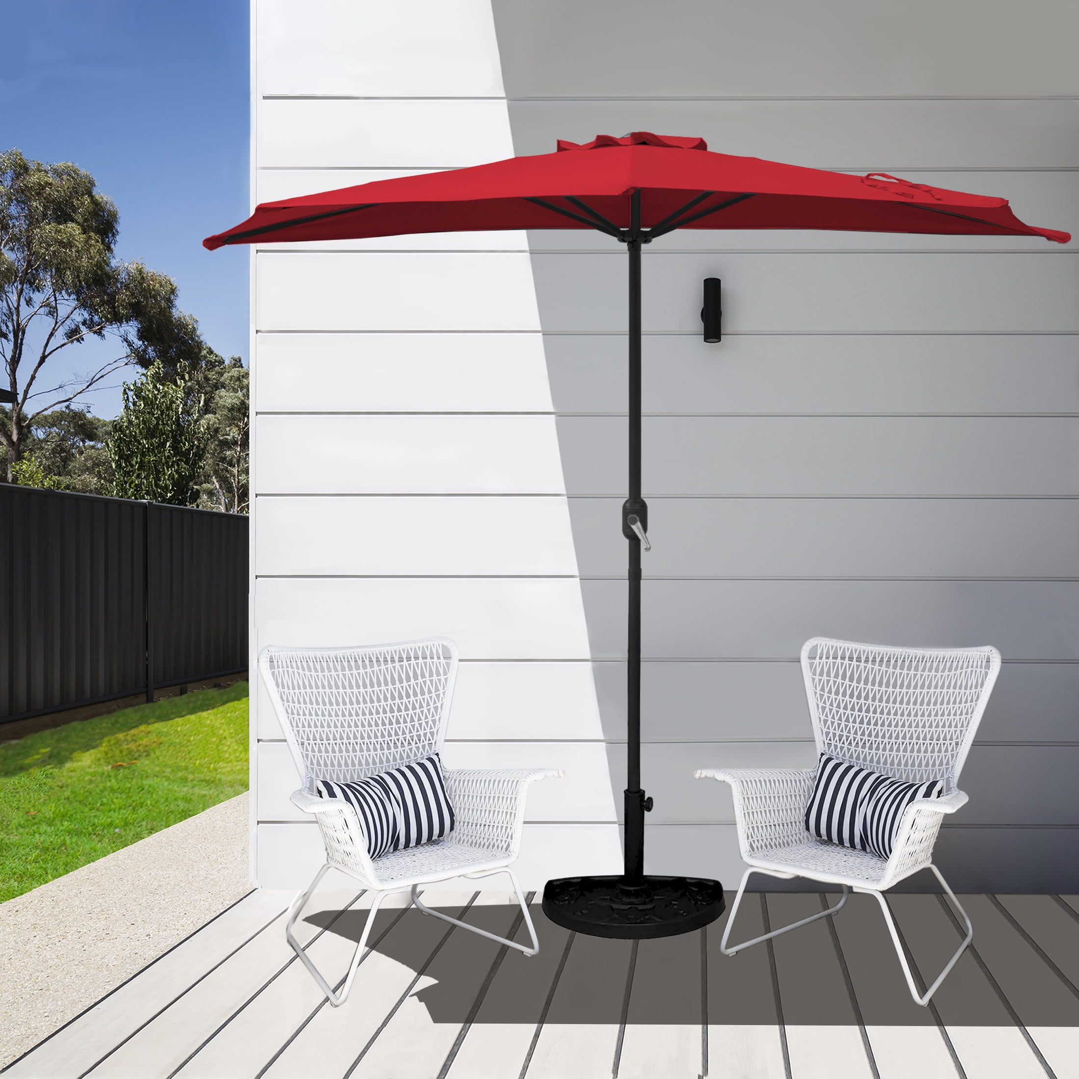 WestinTrends Lanai 9 Ft Outdoor Patio Half Umbrella with Base Include, Small Grill Deck Porch Balcony Shade Umbrella with Crank, 20 Lbs Half Round Base, Red