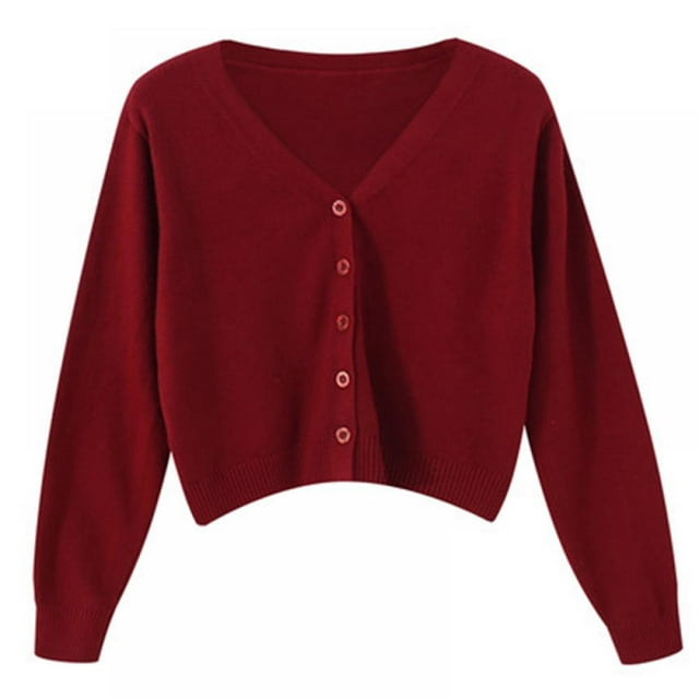 Women's spring autumn Cropped Cardigan long sleeve V-Neck Button Down ...