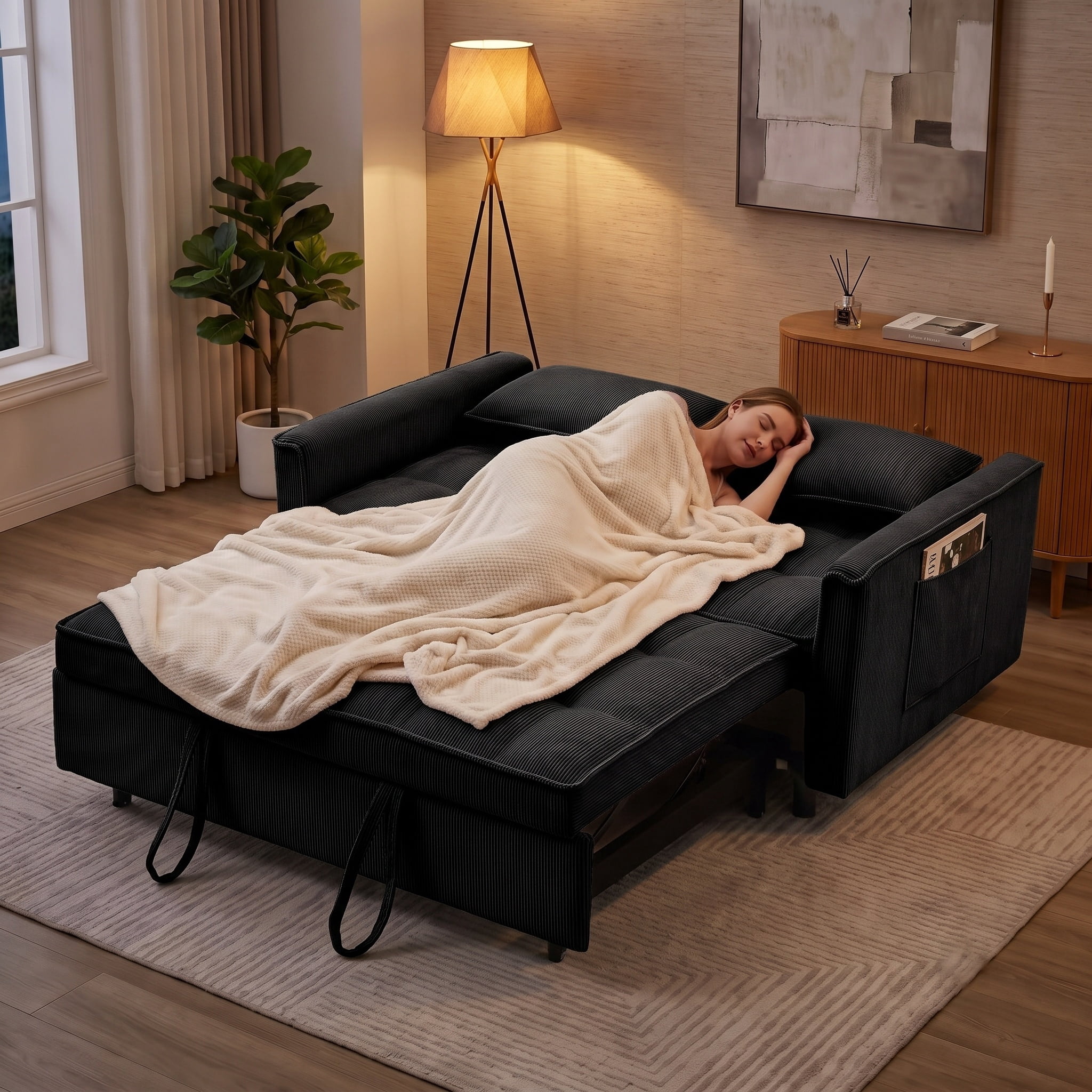 Howcool Sleeper Sofa Bed, Pull Out Couch, 3-in-1 Convertible Loveseat Sofa with Adjustable Backrest, Corduroy Couch for Living Room, Apartment & Small Space, Black