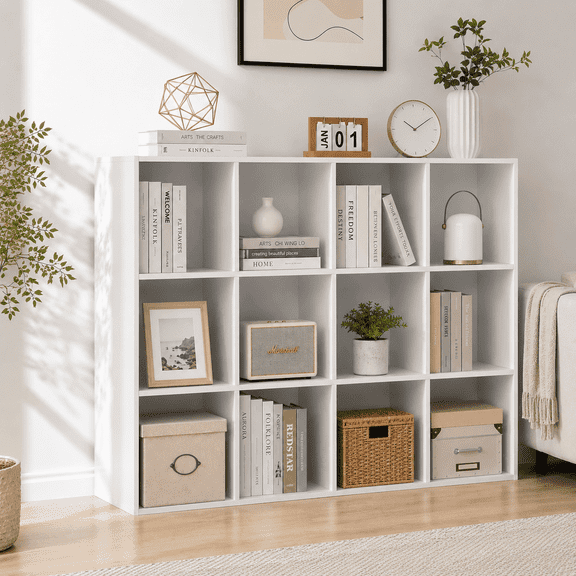 Anhdah 12 Cube Storage Organizer, Cube Bookcase Closed Back Panel Bedroom, Living Room, Home Office, Closet Bookshelves White