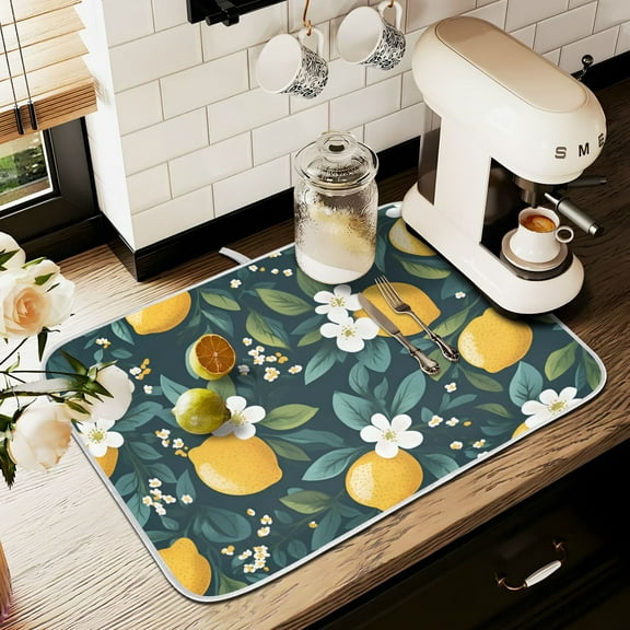 Yayeee Dish Drying Mat for Kitchen Counter 16" x 18" Microfiber Super Absorbent Coffee Decorative Pad, Yellow Lemons