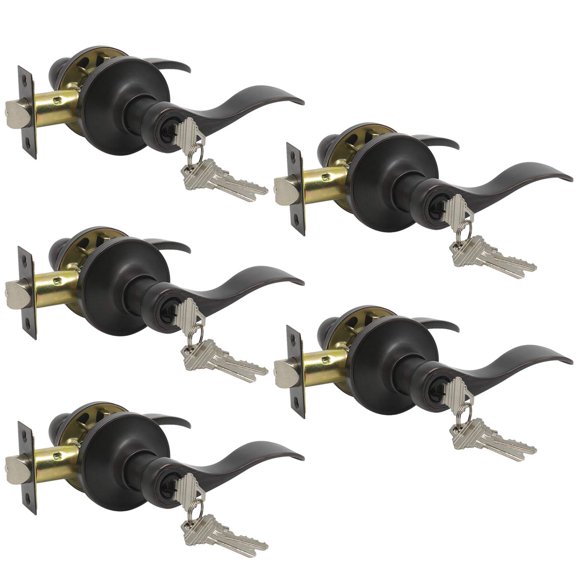Gobrico Combo Bronce Aceitado Cerraduras De Puerta De Entrada Con Llave Similar Palanca De Manija Ondulada Con La Misma Llave, Paquete De 5
