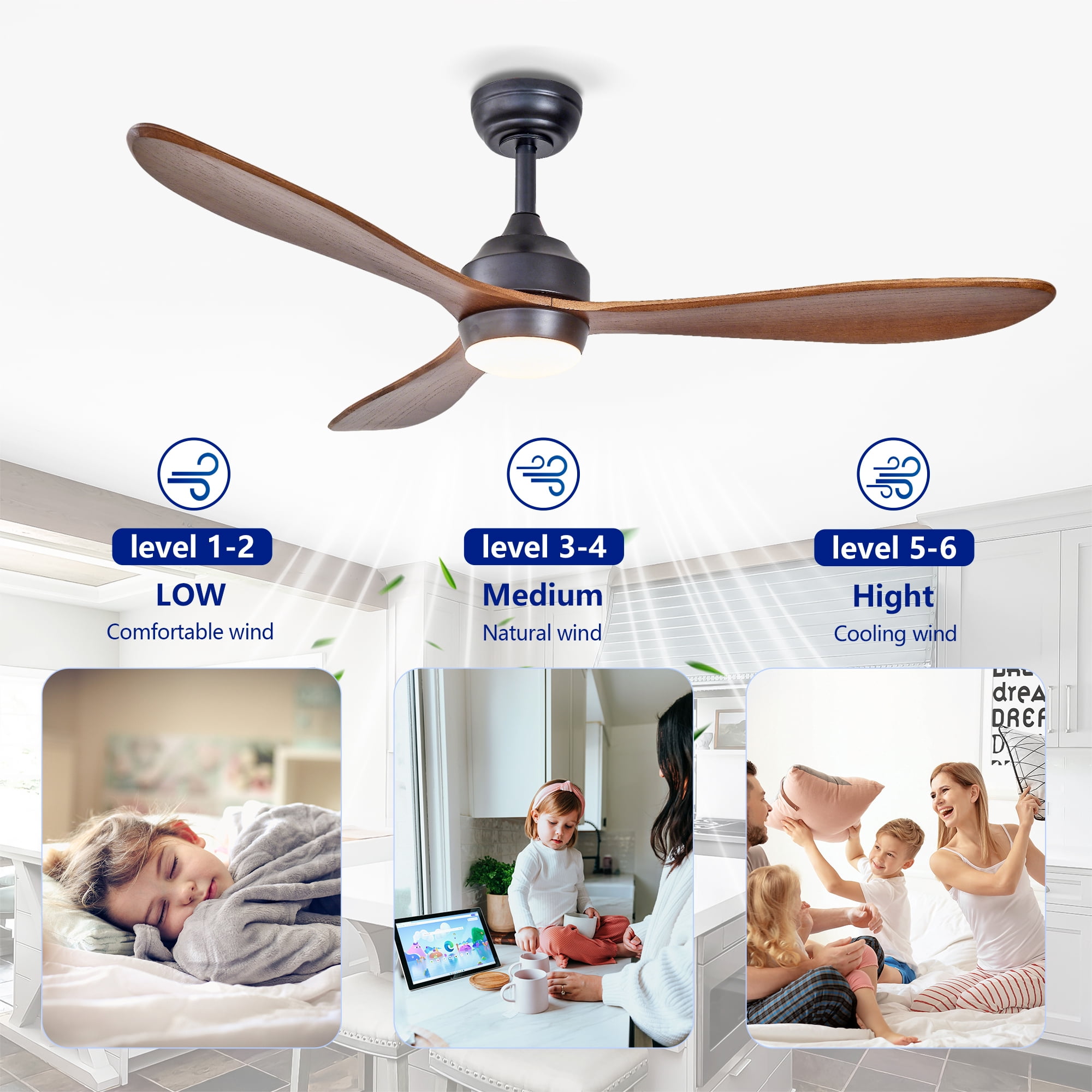 Leumius 52" Ceiling Fan with Lights and Remote Control, Quiet DC Motor Ceiling Fans 6 Speed Levels,Reversible Ceiling Fan for Patio Living Room Bedroom Black
