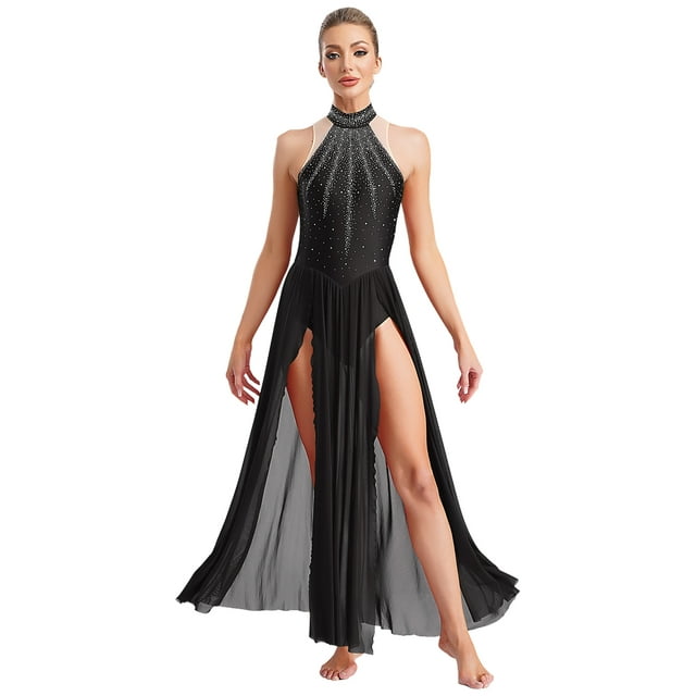 iefiel Robe de Danse Lyrique pour Femmes Sans Manches avec Strass Scintillants Fendue Robe Maxi Tenue de Danse de Salon Noir TTG