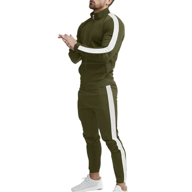 Innerwin Survêtement Col Montant Hommes Survêtements Course Fermeture Éclair Confortable Ensemble de Jogging 2 Pcs Vert Armée Blanc P