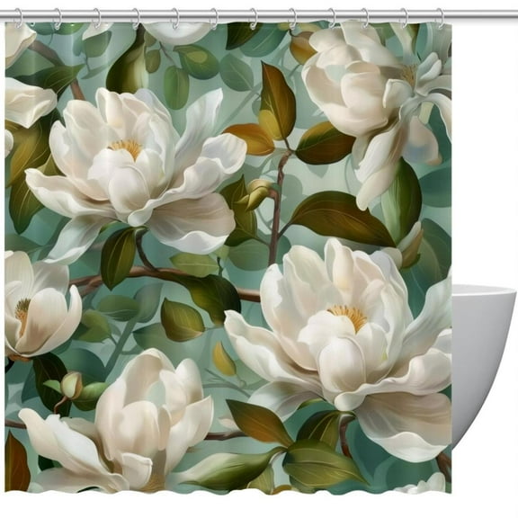 White Magnolias Shower Curtain, Waterproof Polyester Fabric Bathroom Curtain Decor with 12 Hooks, Washable, 72 x 72