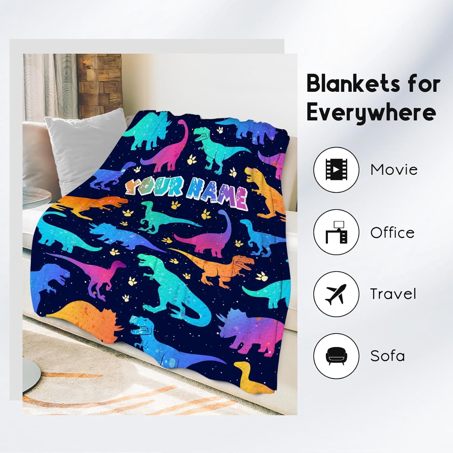 Custom Dinosaur Blanket with Name for Boys Girls, Personalized Dinosaur Gifts for Boys, 50"x60" Toddler Blankets for Boys, Kids Throw Blanket for Couch Bed, Soft Fuzzy Fluffy Throw Blanket