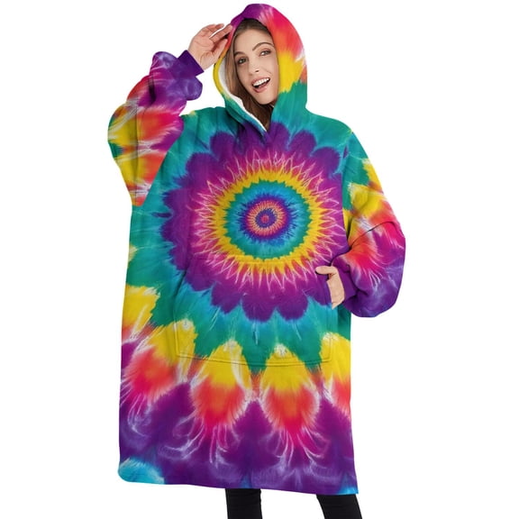 Oversized Wearable Blanket Hoodie,Rainbow Tie Dye Radial Pattern Sherpa Blanket Hoodie with Super Pockets,Super Warm Fuzzy Pullover for Women & Men
