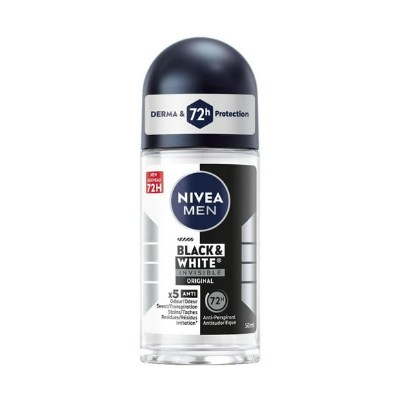 NIVEA MEN Déodorant antisudorifique 72 h à bille Black & White Invisible, Original, 50 ml Déodorant Antisudorifique 72 h à Bille Invisible