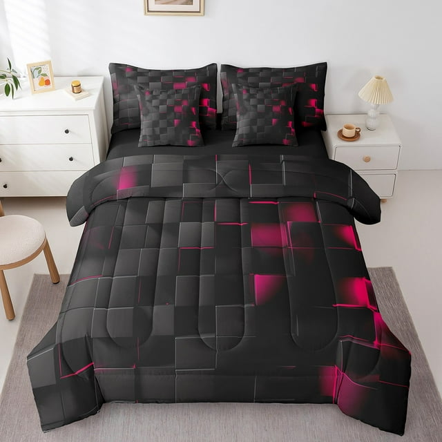 YST Ensemble de Literie 7 Pcs à Carreaux Abstraits Rouge Rose pour Lit Simple, Ensemble de Douillette à Imprimé Nid d'Abeilles Noir avec Draps, 100 % Polyester, 7 Éléments