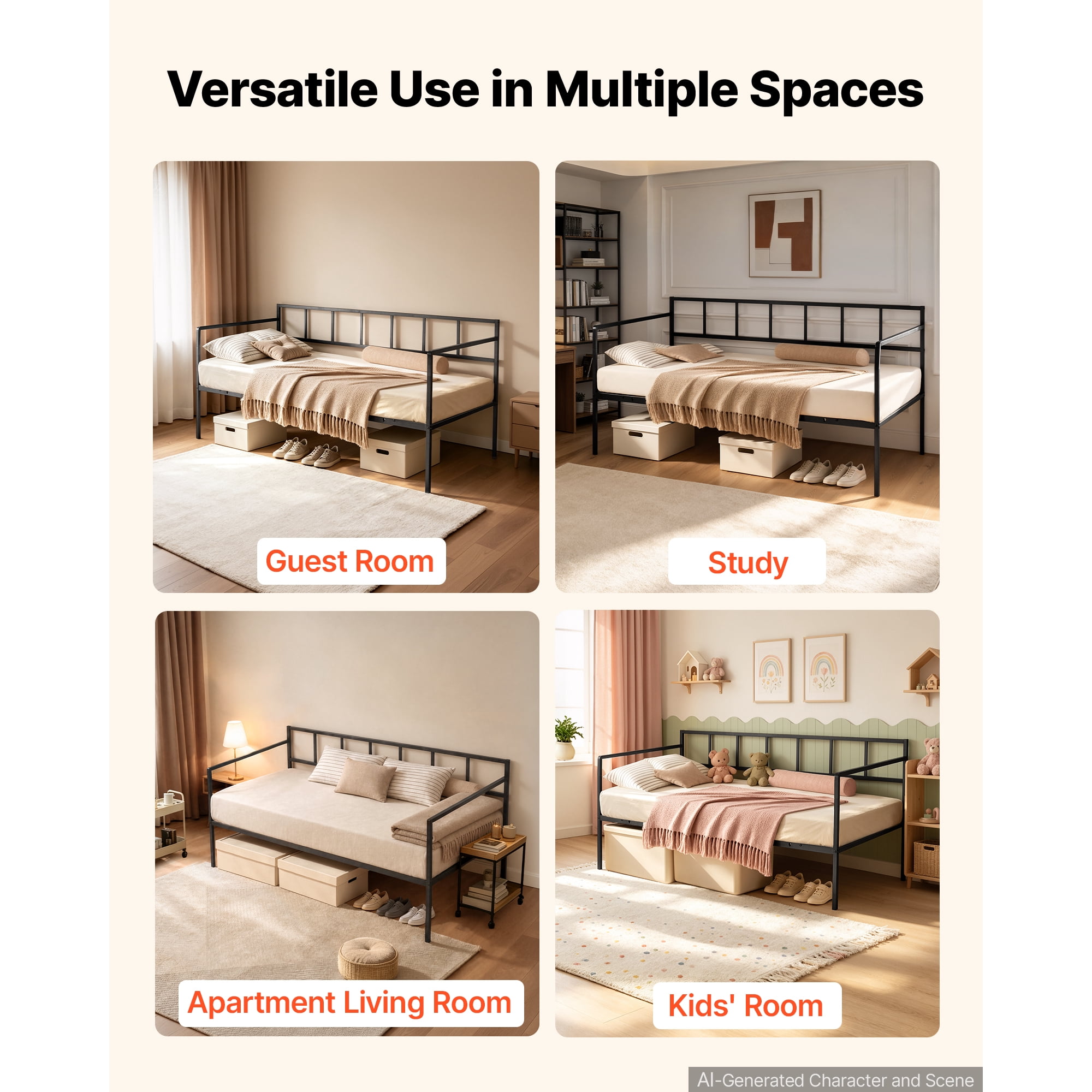 KFFKFF Twin Daybed Metal Frame with Under-Bed Storage, Ideal for Living Room, Bedroom, or Guest Room, Space-Saving Design, Durable Metal Construction, Simple Assembly, Without Trundle, Black