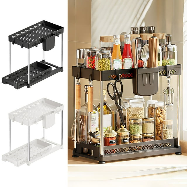 Estante de almacenamiento bajo el fregadero de cocina – organizador de estanterías de plástico blanco de 2 niveles, diseño de drenaje ventilado con ganchos, ahorro de espacio para armarios y baño
