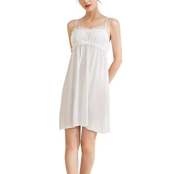 Defitshape Women's Cotton Sleep Dress Night Gown Summer Soft Lace Cute Ruffle Sleeveless Nightgown Night Gown Shirred High Waist Short Sleeping Dress Comfy Sleepwear White Medium