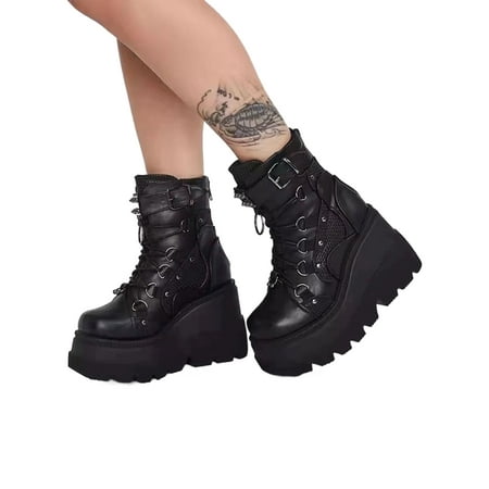 

Harsuny Womens Chunky Platform Shoes Punk Boots High Heel Round Toe Zip Punk Goth Mid Calf Combat Boots For Women Black 7.5