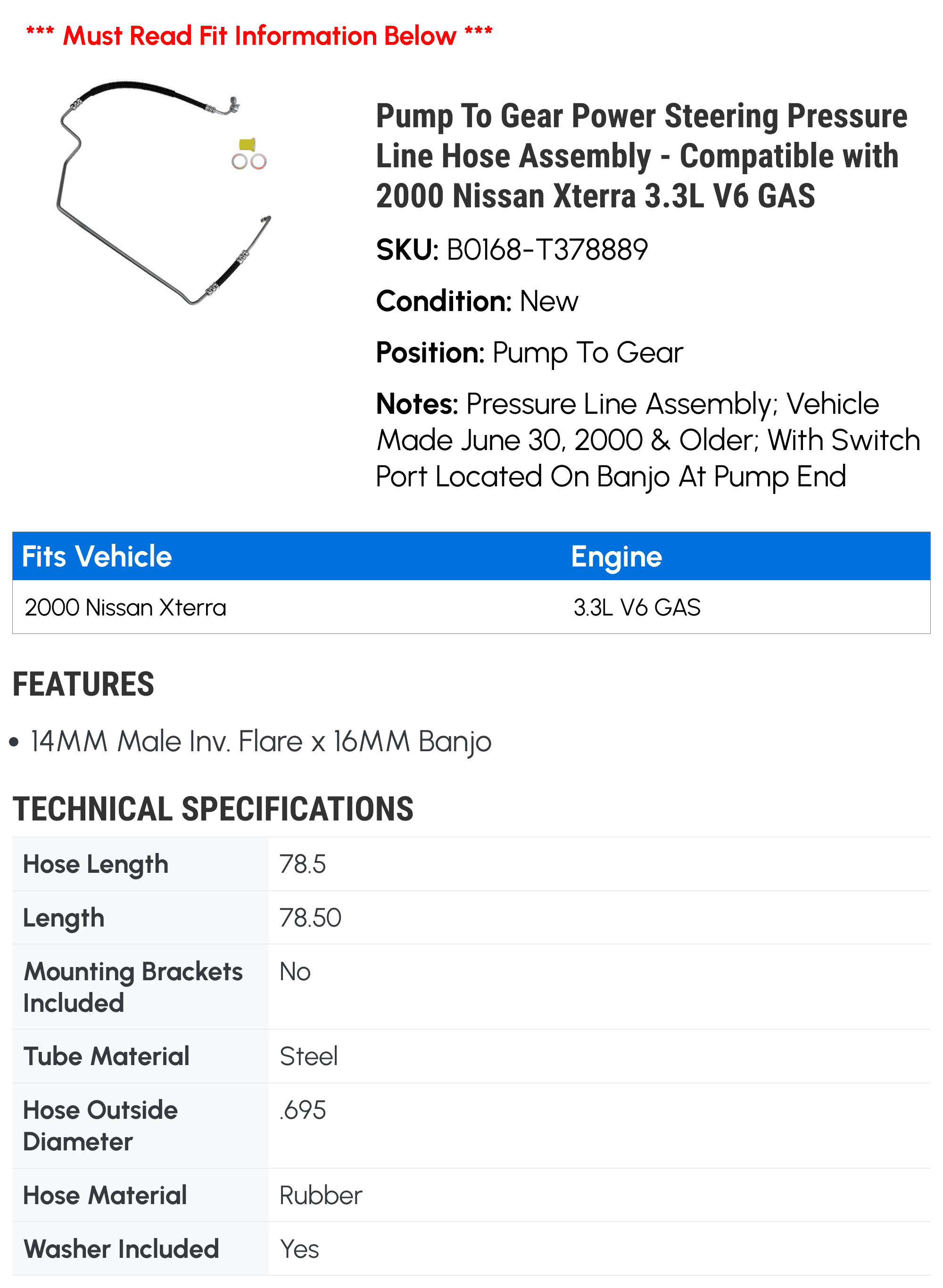 Pump To Gear Power Steering Pressure Line Hose Assembly - Compatible with 2000 Nissan Xterra 3.3L V6 GAS
