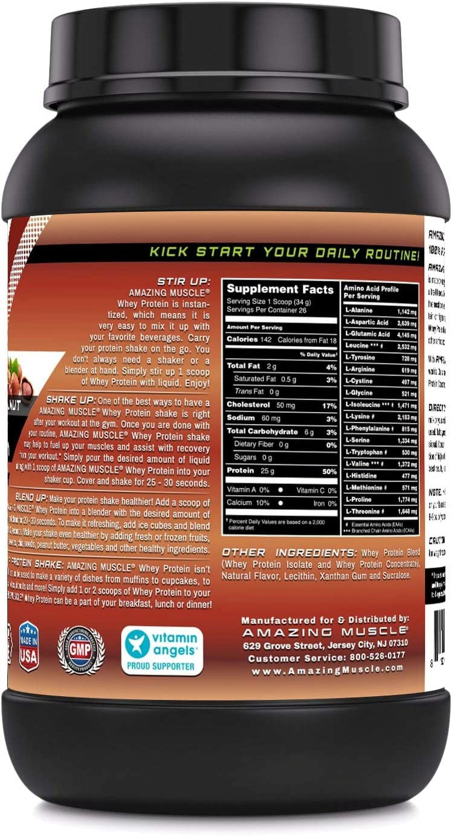 Amazing Muscle Whey Protein (Isolate & Concentrate) 2 Lbs Powder Supplement | Hazelnut Flavor | 26 Serving | Non-GMO | Gluten-Free | Made in USA