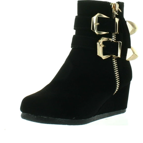Link Peggy-90K Children Girl's Wedge Heel Double Straps High Top Ankle Booties,Black,3