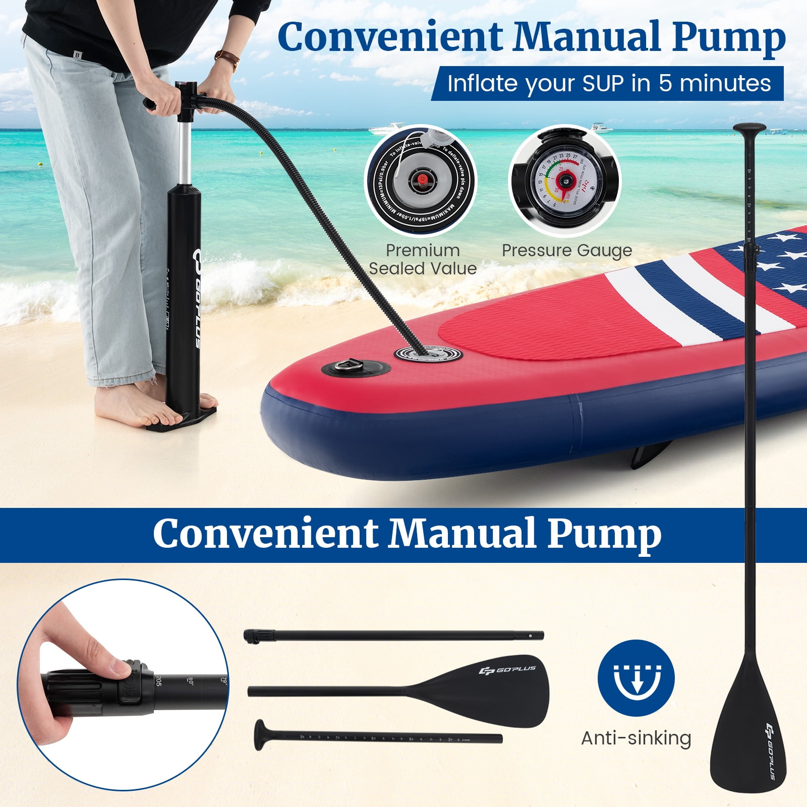 Goplus 10' Inflatable SUP Board Portable Adjustable Stand Up Paddle Board with 5 D Rings Red