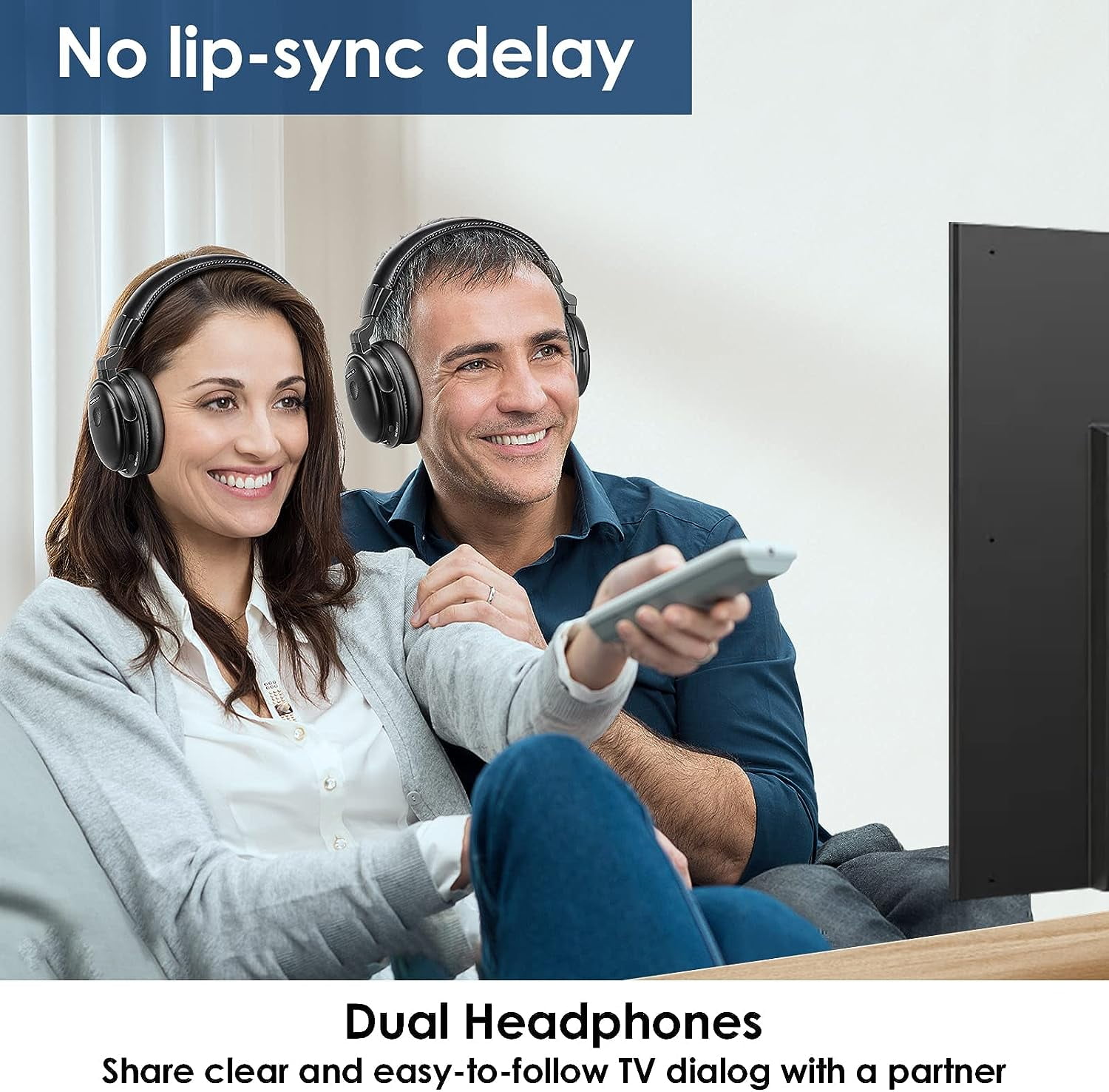 SIMOLIO Dual Wireless Headphones for TV Watching w/ 2.4G Transmitter & Charging Stand & Spare Battery, Dialog Clarifying, Tone & Balance Control, Clear Voice for Seniors, 100FT Range-SM829D2W (New)