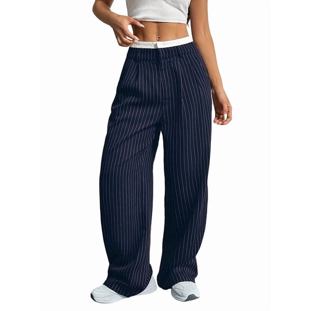 Pantalones Anchos y Holgados para Mujer, Estilo Palazzo Harén, Informales, A Rayas, con Cintura Elástica y Bolsillos Azul L