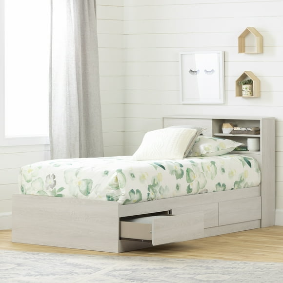 South Shore Fynn Twin Storage Bed and Bookcase Headboard Set, in Winter Oak