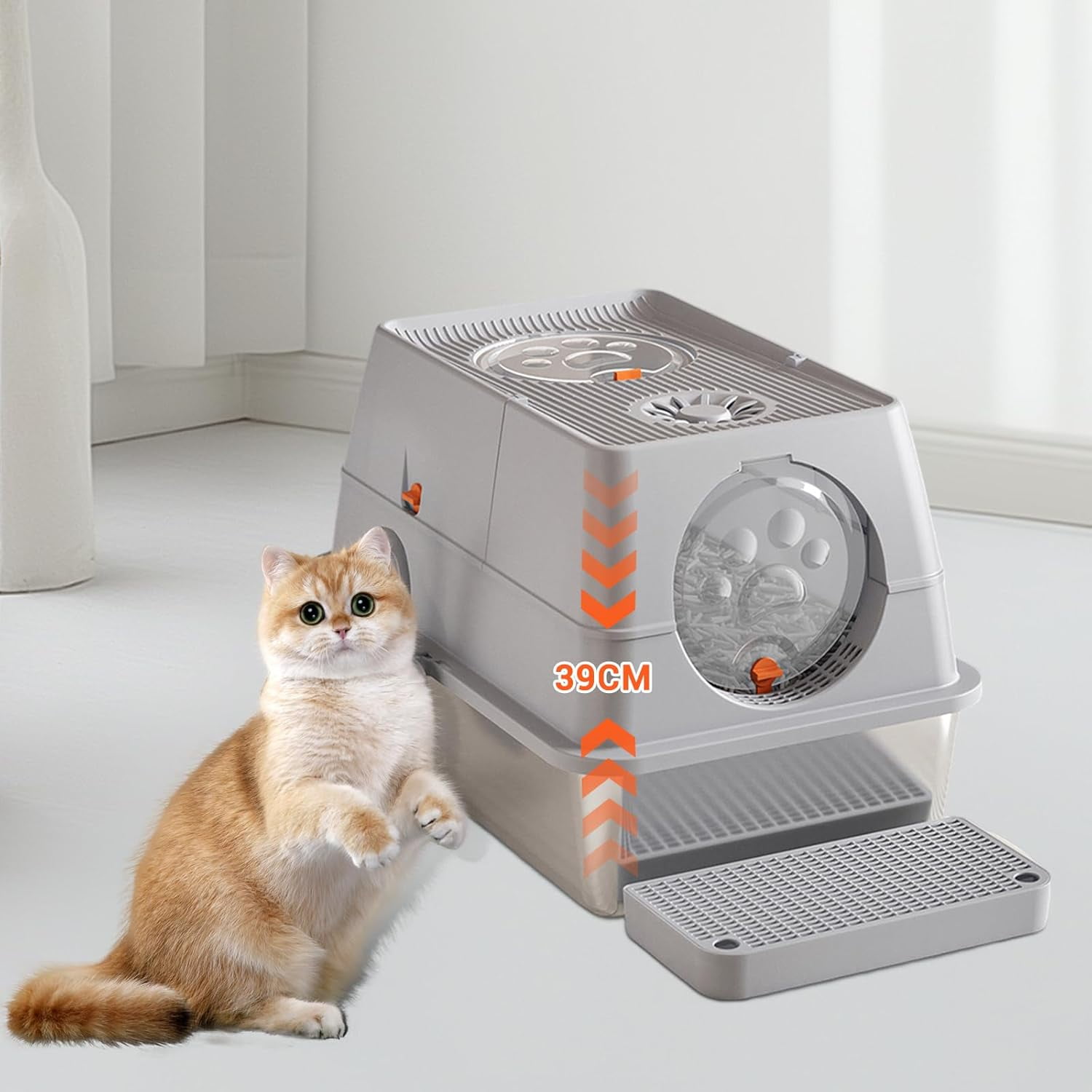 XL Stainless Steel Cat Litter Box, Extra Large Litter Box for Cats, Enclosed Metal Kitty Litter Box with Litter Scooper, Odor-Urine-Proof, Non-Sticky, Easy Rinse Cleaning,Light grey