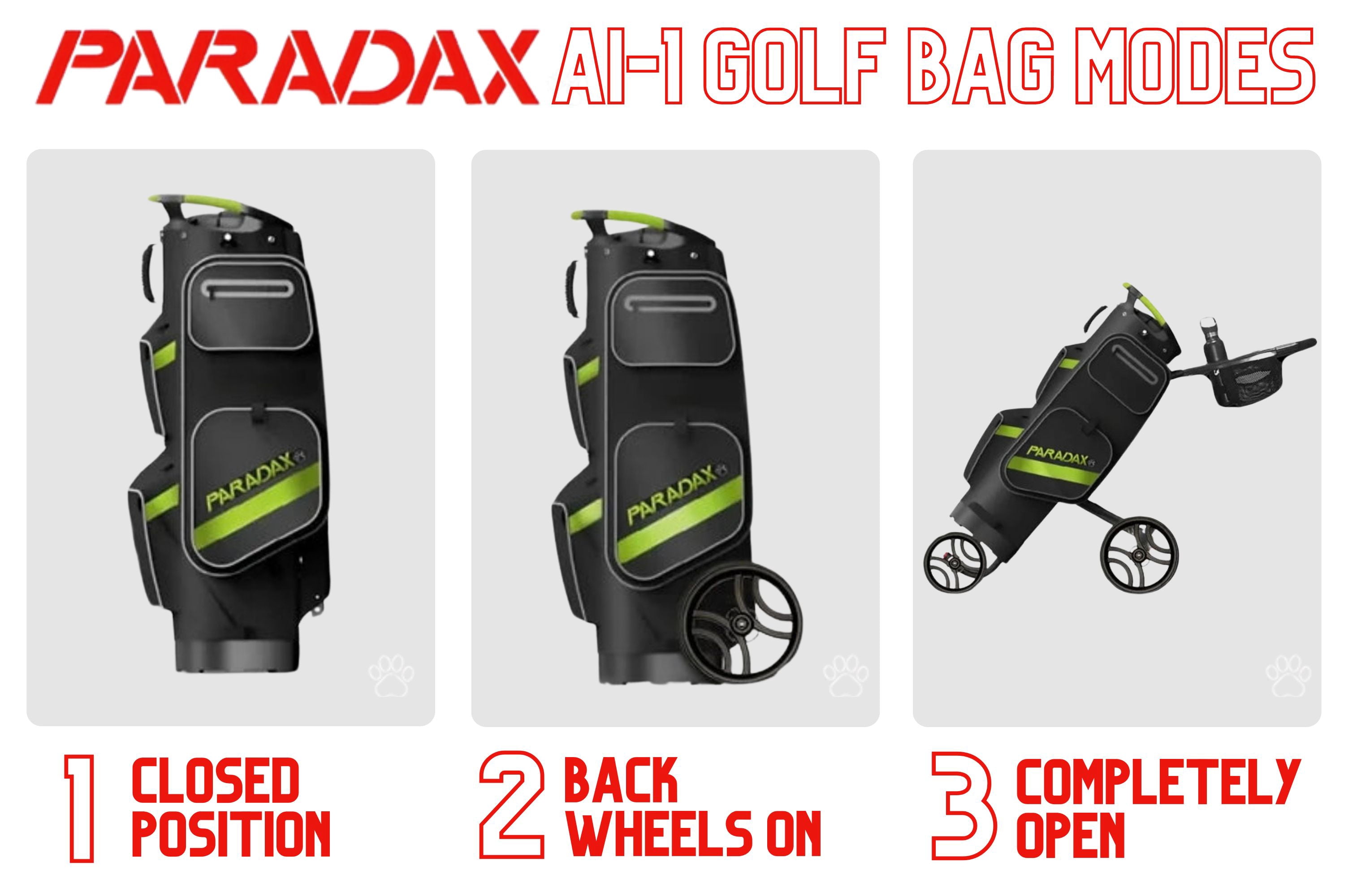 Paradax AI-1 All-In-One Golf Bag with Built-in 3-Wheel Push Cart - Gray Bag with Black Accents