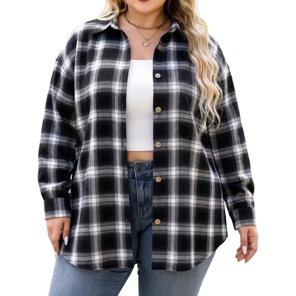 Weardear Womens Plus Size Flannel Shirt Long Sleeve Plaid Button Down Shirts Curved Hem Blouses