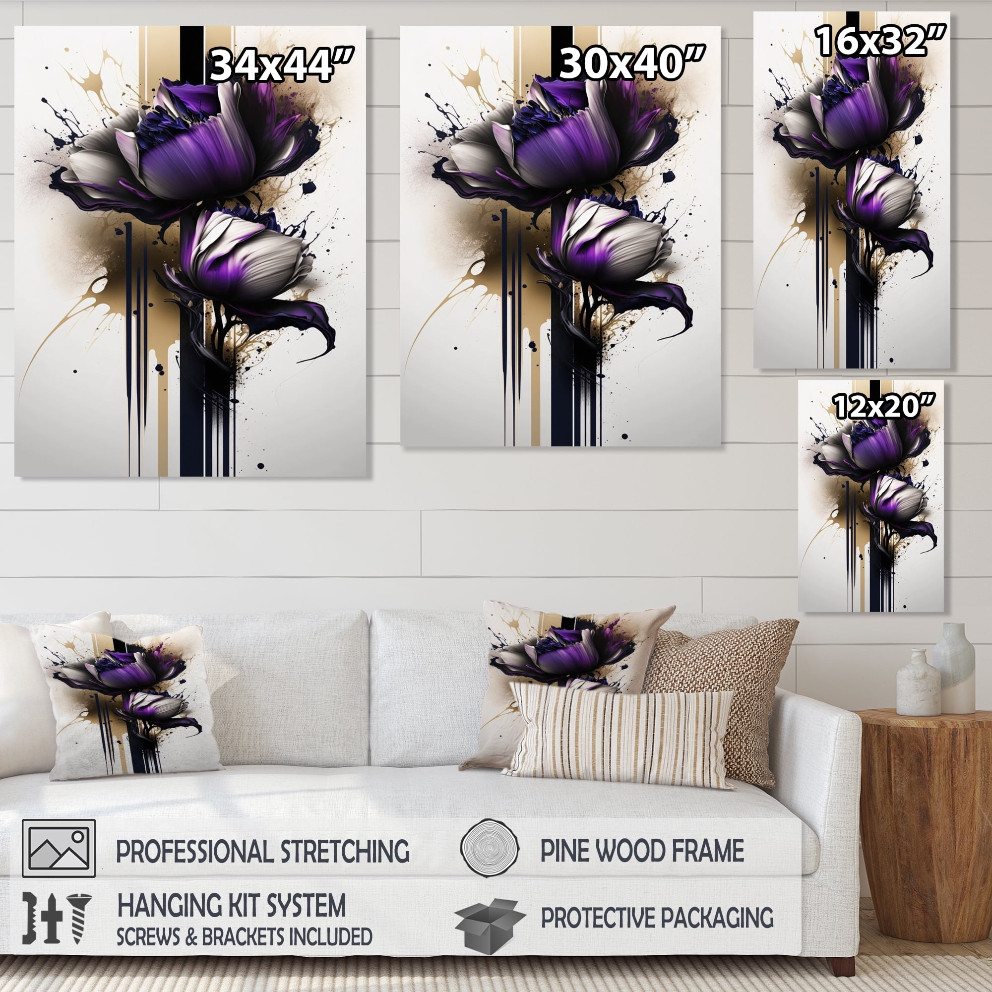Designart Puple Peony Flower On Abstract Paint II Canvas Wall Art