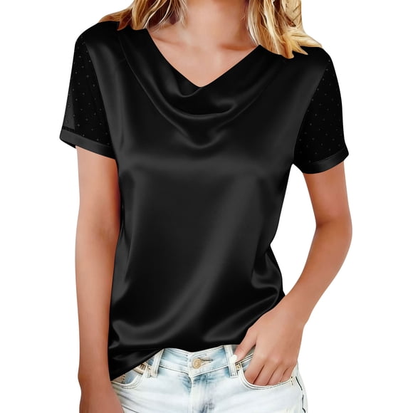Tauxra Women's Casual Tops Rhinestone Mesh Short Sleeve Blouses for Women, Fashion Summer Tee Shirts with Sparkly Detail