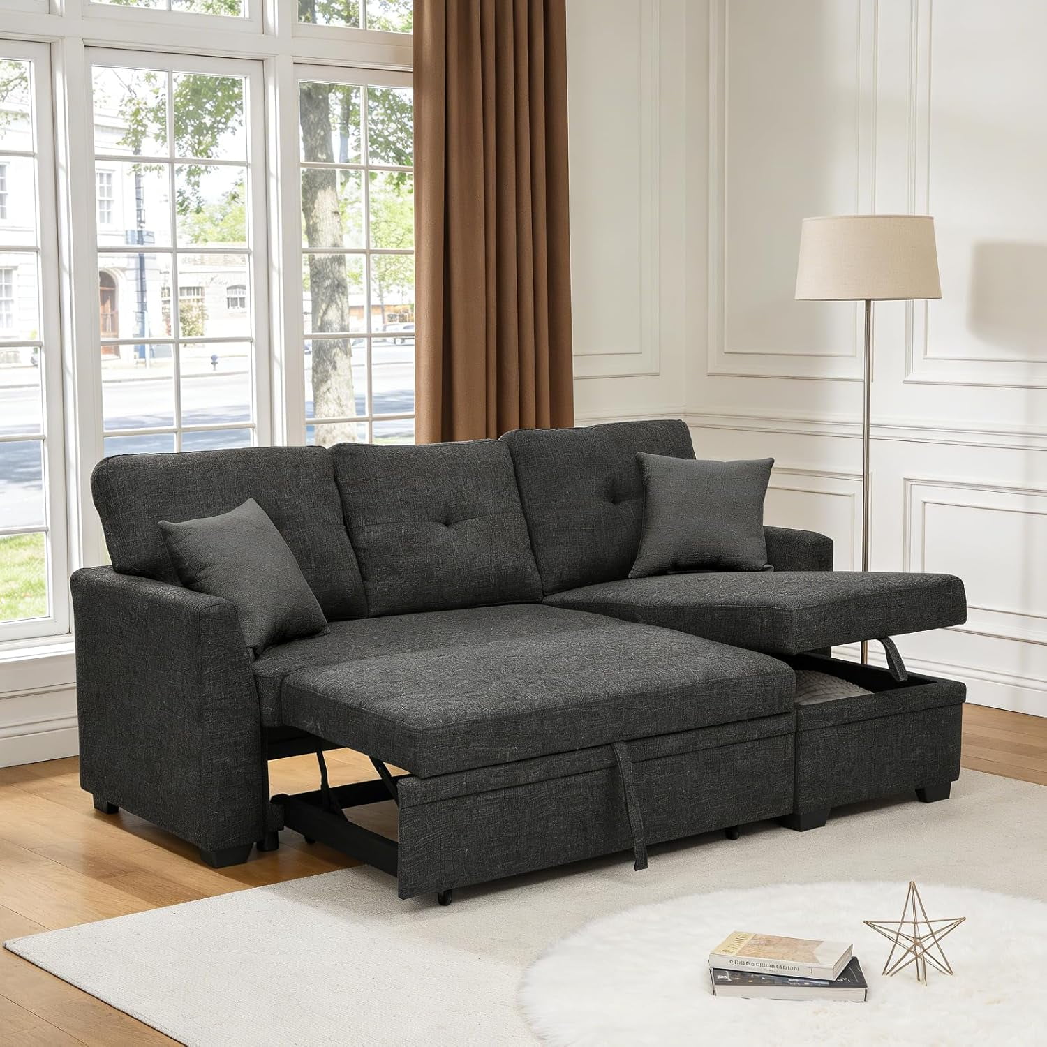 Howcool Sectional Sleeper Sofa with Pull Out Bed, 76.5"L Shape Convertible Linen Couch with Storage Chaise, 2 in 1 Pull Out Sofa Bed with 2 Seats, for Living Room, Apartment, Charcoal Black