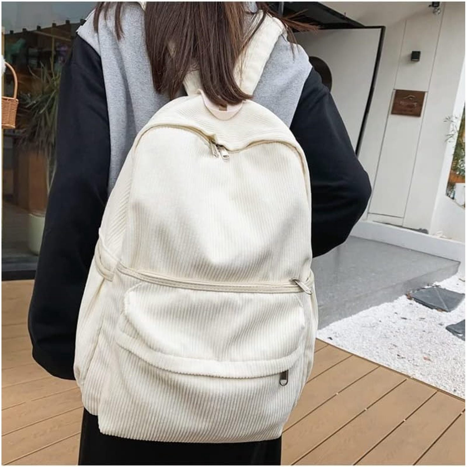 SQDWYGUO Preppy Corduroy Backpack Aesthetic Backpack 15.6 inch Laptop College Backpack Cute Book Bag Travel Rucksack Daypack,White