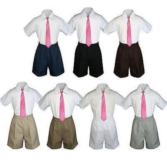 3pc Set Boy Toddler Formal Party Coral Necktie White Black Khaki Shorts S-4T