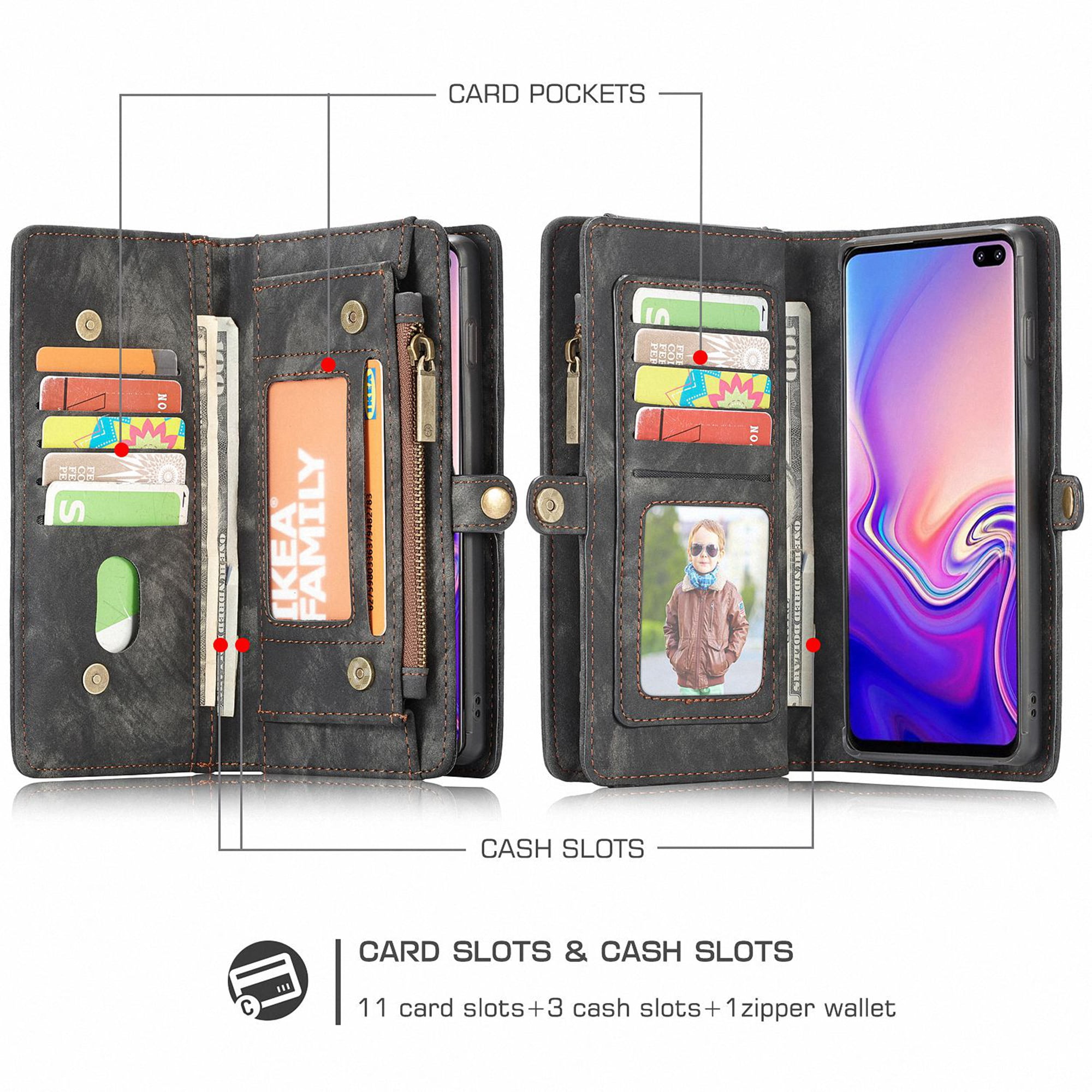 Samsung Galaxy S10 Plus Wallet Case - Dteck Premium Leather Zipper Purse Detachable Magnetic Flip Case S10 Plus Shockproof Cell Phone Case with Credit Card Slots, Black