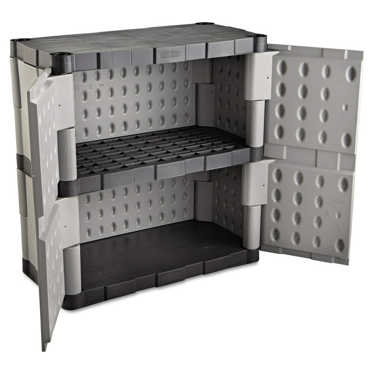 Rubbermaid Double-Door 2-Shelf Cabinet, Black and Gray 