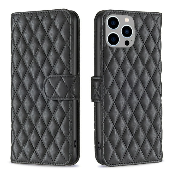K-Lion Flip Folio Case for iPhone 14 Pro, PU Leather Case TPU Shell Kickstand Full Body Protection Embossed Lines Diamond Pattern Card Holder Cash Pocket Fashion Case for iPhone 14 Pro, Black