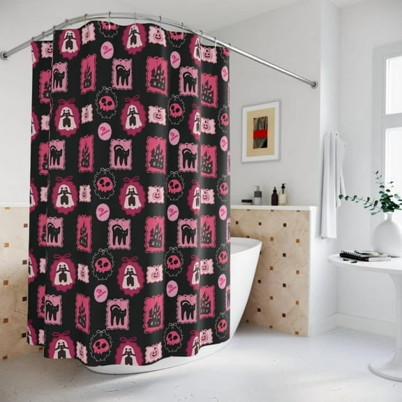 Halloween Frame Shower Curtain, Cute Pink and Black Bathroom Decor, Trendy Print Bath Curtain, Spooky Halloween Home Accessories, Gift for Her Him