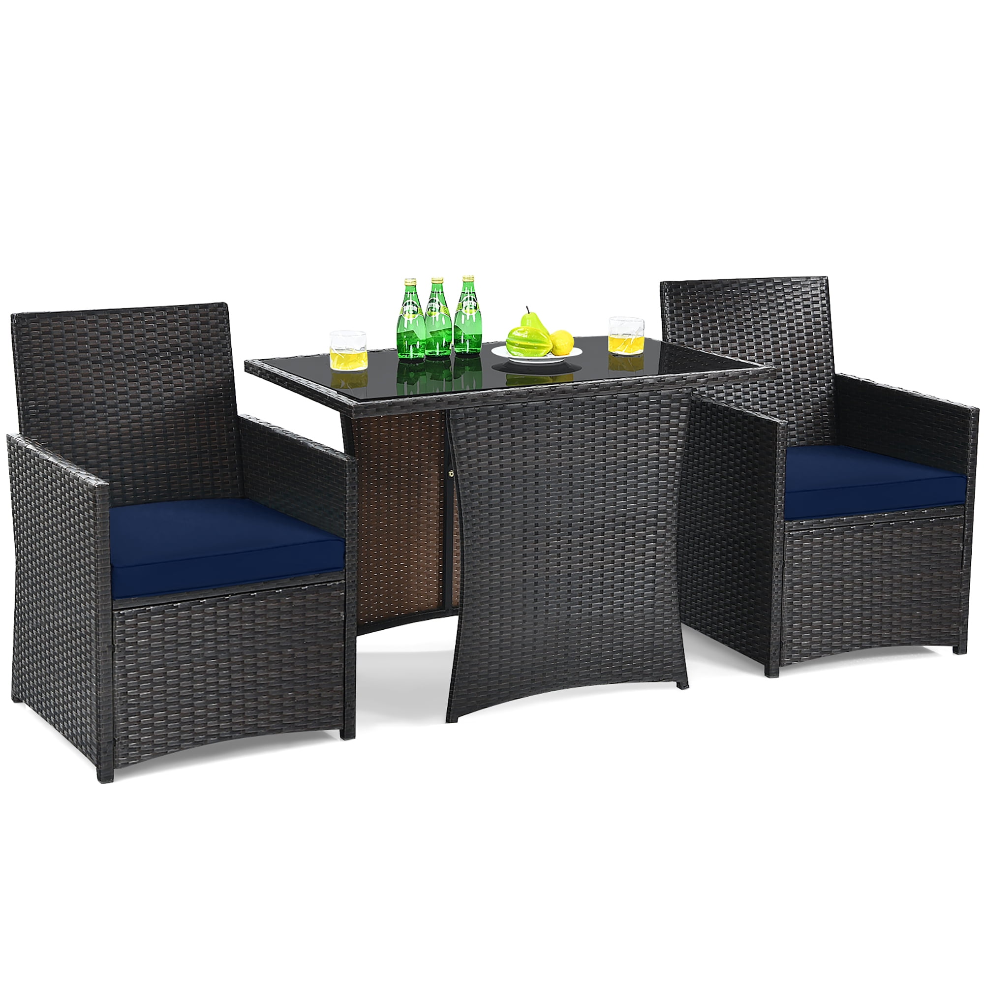 Costway 3PCS Patio Rattan Furniture Set Cushion Sofa Armrest Garden Deck Navy