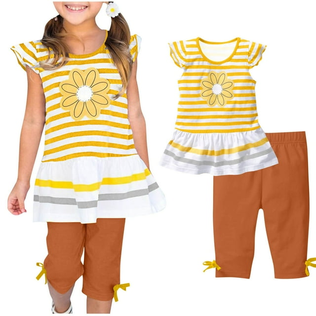 DecSea Toddler Striped Set, Sunflowers Printed Tee with Flying Sleeves & Pants with Detachable Bow