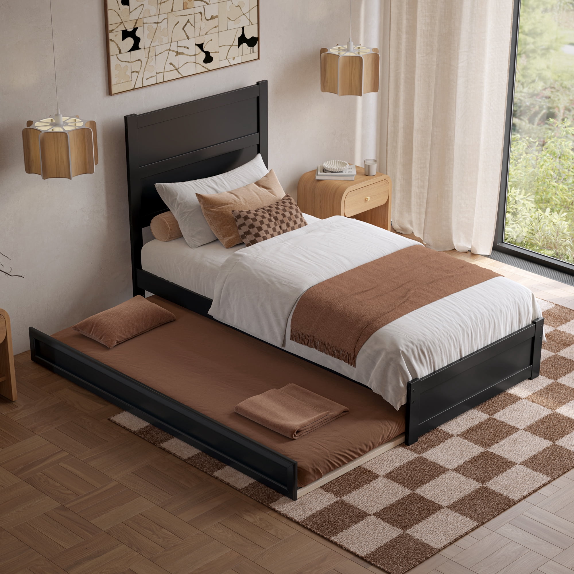 AFI Aveline Twin XL Platform Bed with Matching Footboard & Twin XL Trundle, Black