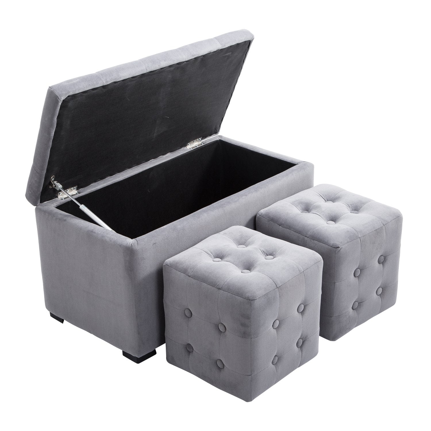 3 piece Tufted Microfiber Storage Bench / Cube Ottoman Set Grey